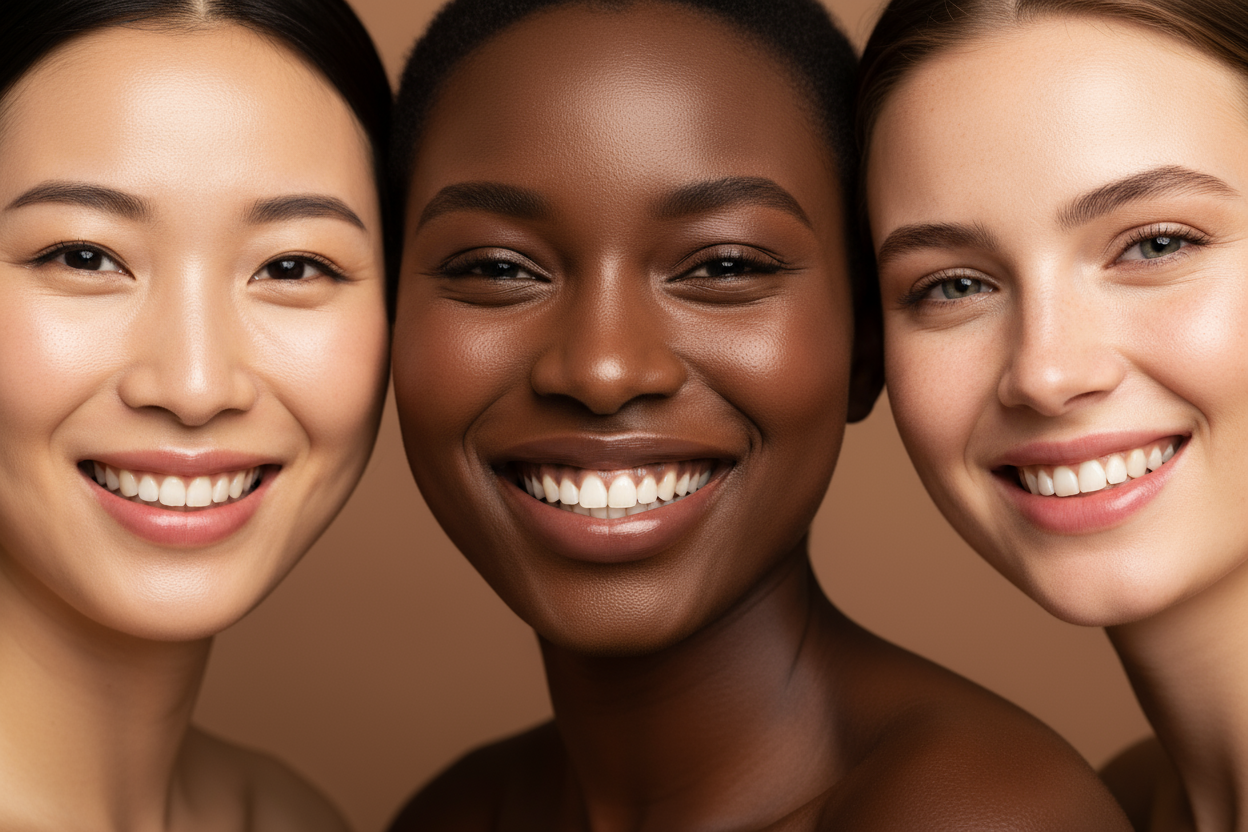 Face and Skin Care  IMAGE OF 3 WOMEN OF DIIF RACE SMILING AT CLOSE RANGE